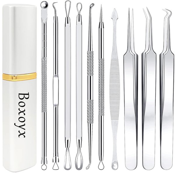 Blackhead Remover Tool, Boxoyx 10 Pcs Professional Pimple Comedone Extractor Popper Tool Acne Removal Kit - Treatment for Pimples, Blackheads, Zit Removing, Forehead,Facial and Nose(All Silver)