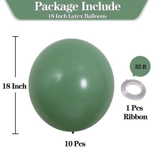 KALOR 18 Inch Bean Green Balloons, 10 Pcs Matte Latex Balloons Big Round Balloons for Wedding, Baby Shower, Birthday Party and Event Decoration