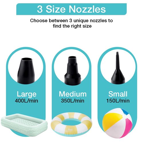 Electric Air Pump,Portable Quick-Fill Air Pump, Air Mattress Pump with 3 Nozzles for Inflatable Boat, Air Mattress Beds,Swimming Ring.Compatible with Home and car Adapter by Inscool (110V AC/12V DC)