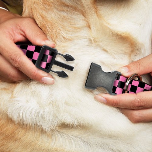 Dog Collar Plastic Clip Checker Black Pink 9 to 15 Inches 1.0 Inch Wide