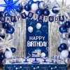 Blue Birthday Decorations for Men Women, Happy Birthday Decorations for Boys Blue Silver Happy Birthday Banner Door Banner, Tablecloth Foil Backdrop Star Balloons Arch for Mens Bday Party Supplies