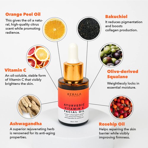 Ayurvedic Vitamin C Oil - Skin Brightening Vit C Serum with Rosehip Oil, Ashwagandha, Squalane - Hydrating Face Oil - Non-Greasy Facial Oil - Pure Vitamin C Oil - Luxury Skin Care Products - 30ml