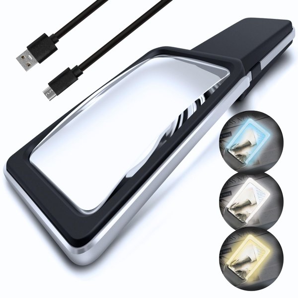 MagniPros 6X Rechargeable Magnifying Glass with 3 Color Light Modes & Anti-Glare Lens - Relieve Eye Strain | Perfect for Low Vision Seniors, Macular Degeneration & Fine Print