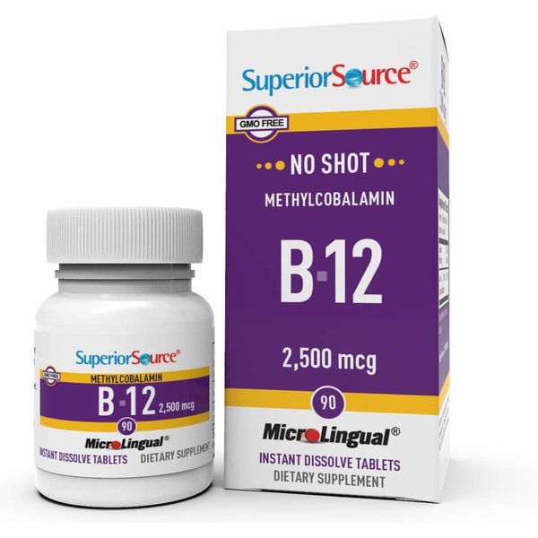 Superior Source No Shot Vitamin B12 Methylcobalamin 2500 mcg, Quick Dissolve MicroLingual Tablets, 90 Count, Active Form of B12, Supports Energy Production, Nervous System Support, Non-GMO