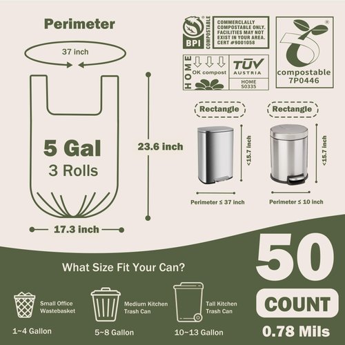 JENCENBIO 5 Gallon Compostable Handle Trash Bags Compost Food Scrap Waste Bags with US BPI ASTM D6400 and Europe OK Compost Home Certified 50 Couts