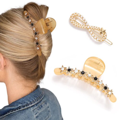 Fashey Hair Claw Clips Pearl Claw Clips Star Hair Clips Nonslip Crystal Hair Jaw Clips Hair Accessories for Women and Girls(Pack of 2)
