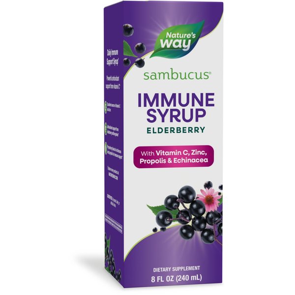 Nature's Way Sambucus Elderberry Immune Syrup, Daily Immune Support*, Black Elderberry Extract, Vitamin C, Zinc, Echinacea, Propolis, 8 Fl Oz (Packaging May Vary)