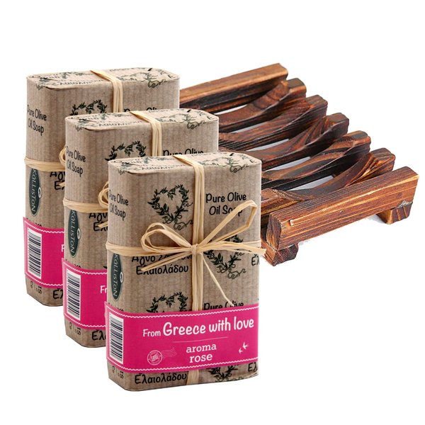 Kalliston, Olive Oil Soaps, Rose Aroma, Bows Gift Set, All Natural Soaps, Made in Ancient Crete, Greece, 3 pack Soap & Holder