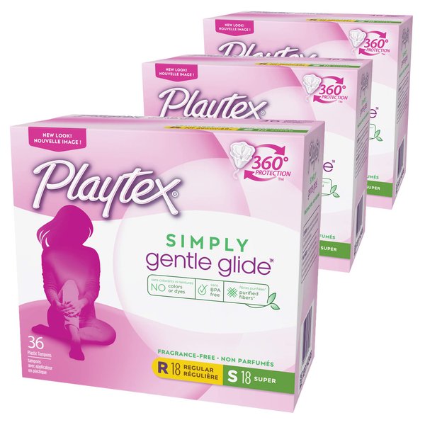 Playtex Simply Gentle Glide Multipack Unscented Tampons Regular & Super Absorbencies, 36 Count (Pack of 3)