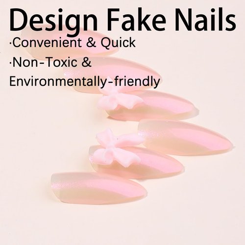 24 Pcs Pink Press on Nails Almond Shape Bow Fake Nails with Aurora Designs Pink Bows Acrylic Nails Medium Length Cute False Nails Stick on Nails Reusable Gradient Nail Kits for Women Girls