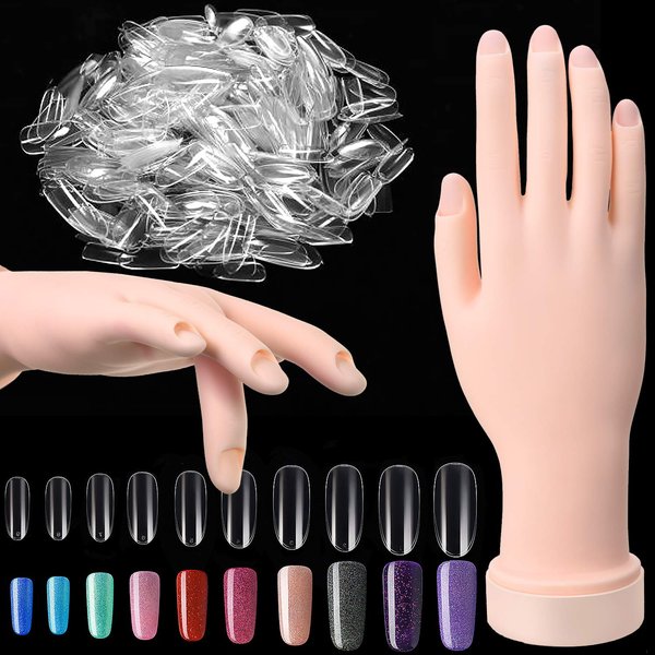 Nail Art Training Practice Hand Bendable Silicone Fake Hand and 500 Pieces White False Nails for Nail Art Training Display (Transparent Nails)