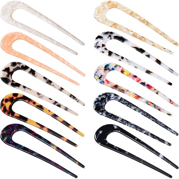 10 Pieces U Shaped Hairpin French Hair Pin Chignon Pin Hair Fork Sticks Celluloid Acetate Tortoise Shell Hair Pin Updo for Women Girls