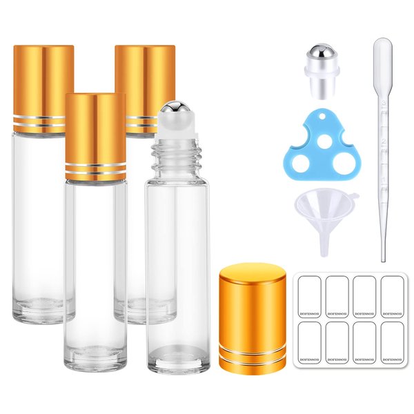 bofessor Roller Bottles for Essential Oils, 10ml Clear Glass Essential Oil Roller Bottles, 4 Pack Perfume rollerball Empty Refillable Roll on Bottles with Gold Caps for Castor Travel