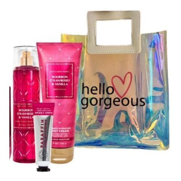 White Barn - Bath & Body Works - Gift Set 3 Piece Bundle - with Gift Bag Hello Gorgeous (Bourbon Strawberry & Vanilla)