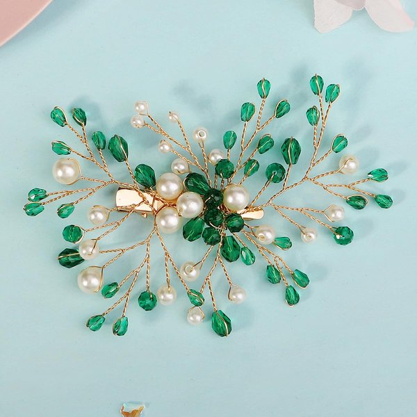 Crystal Wedding Hair Clip for Brides Pearl Hair Pin Flower Girls Hair Pieces Wedding Hair Accessories for Bridesmaids Party Prom Birthday (Green)