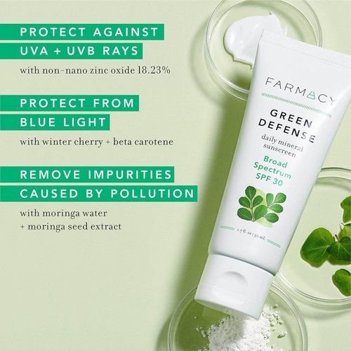Farmacy Mineral Face Sunscreen SPF 30 - Broad Spectrum Zinc Oxide Sunscreen for Face - Daily Defense Sheer Mineral Sunscreen for Sensitive Skin - Absorbs Quickly + Leaves No White Cast (50ml)