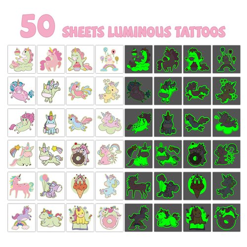 EMOME 50 Sheets Luminous Temporary Tattoo for Kids,Individual Kids Tattoos Stickers for Party Supplies Favors, Individually Wrapped Fake Tattoos for Girls