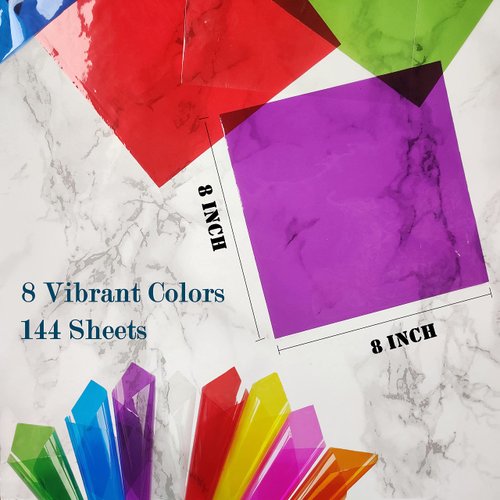 AXYEEUR 144PCS 8 x 8 Inch Colorful Cellophane Sheets,8 Color Plastic Cellophane Wrap,Cello Transparency Sheet for Candy,DIY Arts Crafts Decoration