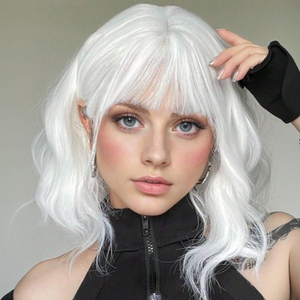 Miuric White Wig Short Curly Wavy Wig with Bangs for Women Shoulder Length Bob Wig Women's Colorful Synthetic Heat Resistant Fiber Wigs for Cosplay Halloween Costume Party (14 Inches)