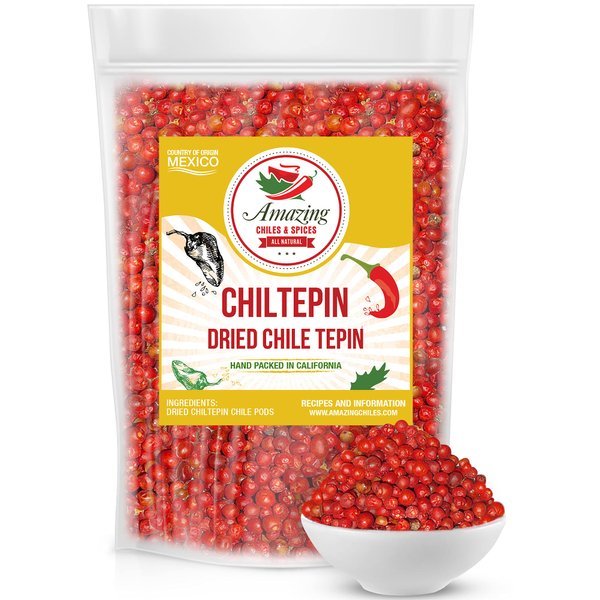 Dried Chiltepin Peppers (Chile Tepin) – 1oz Bag - Great For Use with Seafood, Sauces, Stews, Salsa, Meats. Very Hot with a Smoky Flavor. Air Tight Resealable Bag. By Amazing Chiles & Spices.