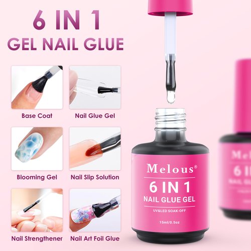 Melous 6 in 1 Gel Nail Glue, Nail Tips Gule for Soft Gel Tips Press on Nails Strong Glue Gel for Nail Extension