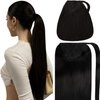 Caliee Clip on Ponytail Hair Extension 100% Remy Human Hair Color 1 Jet Black Wrap Around Ponytail Virgin Long Straight Pony Tail Hairpiece with Magic Paste 22Inch 90G