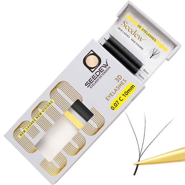 SEEDEW 3D-Double Tips Lash Extensions, 0.07mm C Curl MIX8-15mm 12 Rows/Tray, W Shape 3DD Flat Stem, PBT Natural Eyelashes for Beginner Artist, Lash Tech, Beauty Salon(3DD-Matte Black-0.07-C-MIX8-15mm)