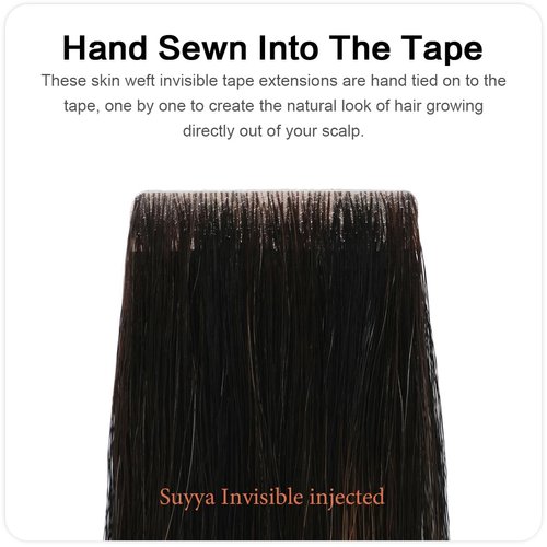SUYYA Invisible Tape in Hair Extensions Human Hair Seamless Injected Hand-Tied Pro Virgin Human Hair Tape Ins Balayage Natural Black to Chestnut Brown 20PCS 40G/Pack Straight(14 inch #P1B/6/T1B)