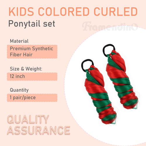 Framendino, 2 Pack Colored Hair Extensions Lightweight Colored Hair Extension 12 inch Curly Ponytail Extensions for Girls with Hair Tie Crazy Hair Day Accessories