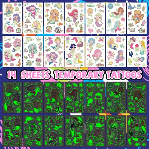EMOME 140+ Styles Luminous Kids Tattoos, Temporary Tattoo Stickers Waterproof for Boys and Girls, Children Glow Party Favors Supplies Games (Mermaid)
