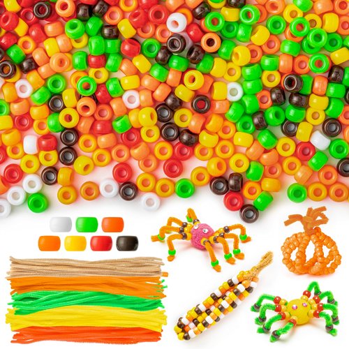 1500Pcs Fall Pony Beads with 100Pcs Chenille Stems Pipe Cleaners Multicolor Craft Beads with Fuzzy Crafting Pipe Kit Plastic Perforated Spacer Beads Set for Autumn DIY Crafts Jewelry Making Supplies