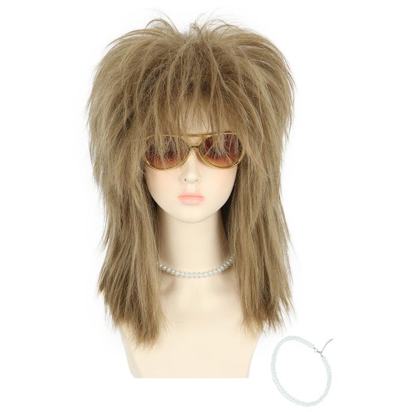 yuehong Long Light Brown Mullet Wig 70s 80s Rocker Wig Halloween Cosplay Costume with Necklace for Women
