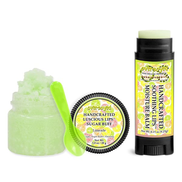 Limeade Soothing & Luscious Lips by OverSoyed Exfoliator & Chapped Lip Repair Lip Care Combo | Artisan Handcrafted to Order Juicy Lemon Grapefruit Lime Sugary Sweet Flavored Exfoliating Sugar Lip Scrub & Lip Moisturizer Balm Gift Set