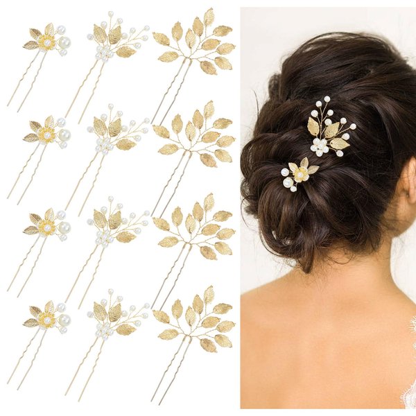 Dizila 12 Pieces Fancy Sparkly Gold Metal Bridal Pearl Leaf Flower U-shaped Hair Pins Party Prom Wedding Headpieces Hair Accessories for Women Flower Girls Brides Bridesmaids