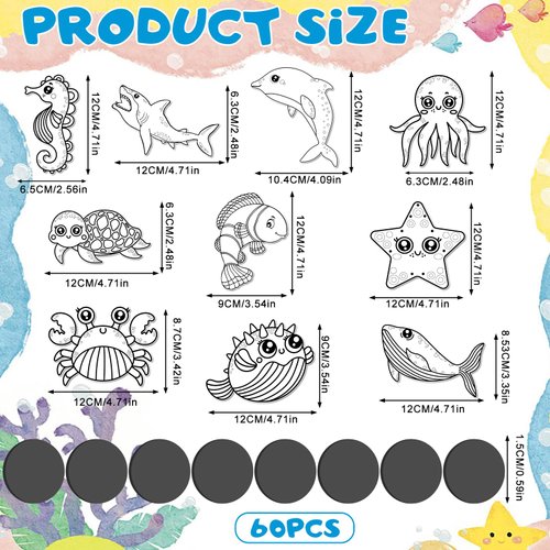 60 Set Ocean Animal Art Cards DIY Sea Animals Coloring Magnet Ornaments with 24 Colored Pen Ocean Craft Kits for Kids Sea Coloring Craft Painting Card for School Art Party Favors DIY Crafts Home Decor