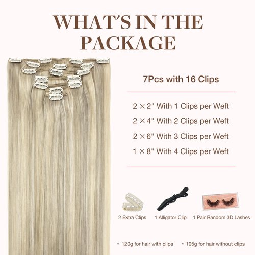 GOO GOO Clip in Hair Extensions Real Human Hair, 20inch 120g 7Pcs, 17A/60A Ash Blonde Highlighted Platinum Blonde, Remy Human Hair Extensions Clip ins for Women, Natural Human Hair