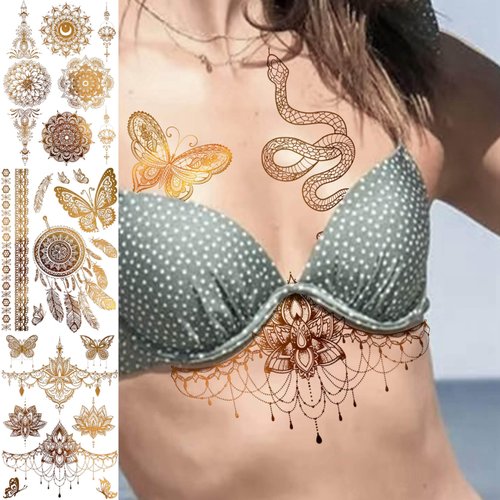 VANTATY 9 Sheets 95+ Patterns Flash Gold Temporary Tattoos For Women, Vintage Indian Tribal Bohemia Lotus Mandala Flower Fake Jewels Tattoo Sleeve For Adults, Glitter Golden Metallic Tatoo Sticker