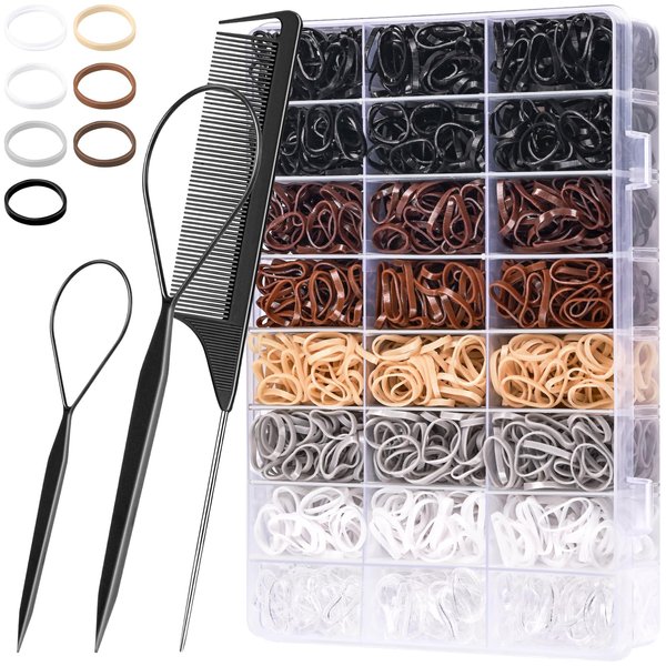 Small Elastic Hair Ties, TsMADDTs 2000 Pcs Hair Rubber Bands with Organizer Box, 7 Natural Colors Clear&Black&Brown Elastic Hair Ties with Hair Tail Tools, Rat Tail Comb