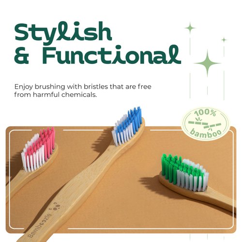 Bamboozle Eco-Friendly Toothbrush for Adults - Sustainable Bamboo Design, Biodegradable & Stylish Oral Care Solution (Blue, Pack of 3)