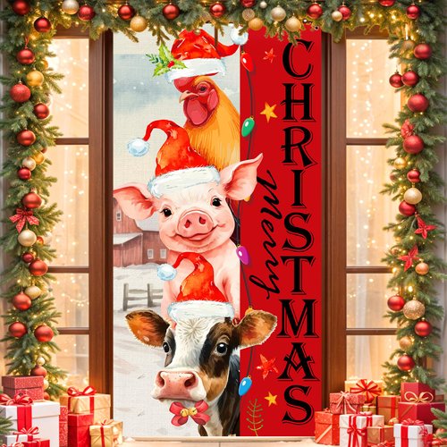 Welcome Christmas Door Cover Funny Farm Animal Christmas Door Banner Decorations Vintage Farmhouse Chicken Pig Cow Christmas Front Door Banner for Xmas Winter Welcome Holiday Party Supplies