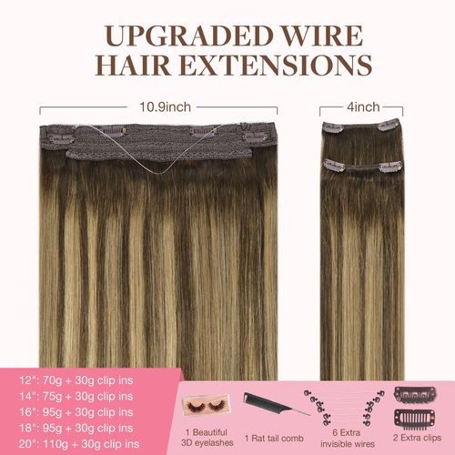 GOO GOO Wire Hair Extensions Human Hair, 4/27/4 Chocolate Brown with Caramel Blonde Balayage 16inch 125g, Invisible Wire Hair Extensions with Transparent, Seamless Fish Line Hairpiece