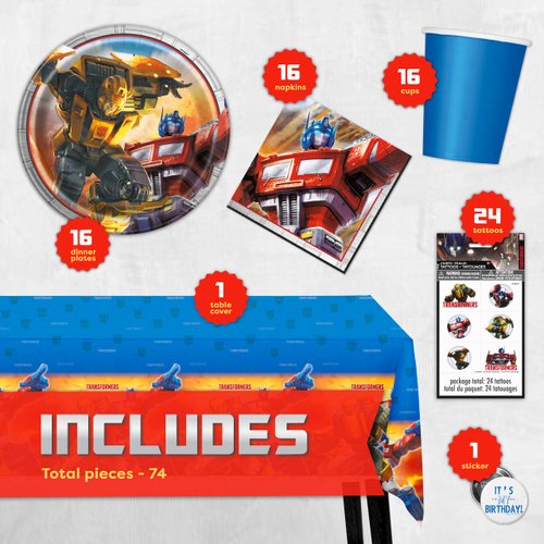 Transformers Birthday Party Supplies | Serves 16 | Transformers Party Supplies | Transformer Tablecover, Plates, Napkins, Cups, Tattoo Party Favors, Button