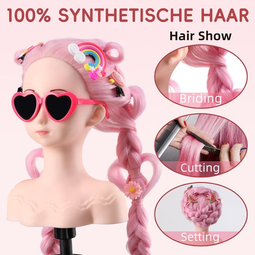 Anstar Hair Styling Doll Head for Girls Styling Head for Kids Mannequin Head with Pink Hair Doll Head for Hair Styling Braiding Cosmetology Manikin Head with Clamp Holder and Tools