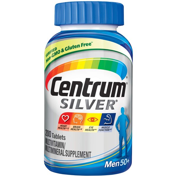 Centrum Silver Multivitamin for Men 50 Plus, Multimineral Supplement, Vitamin D3, B-Vitamins and Zinc, Gluten Free, Non-GMO Ingredients, Supports Memory and Cognition in Older Adults - 200 Ct