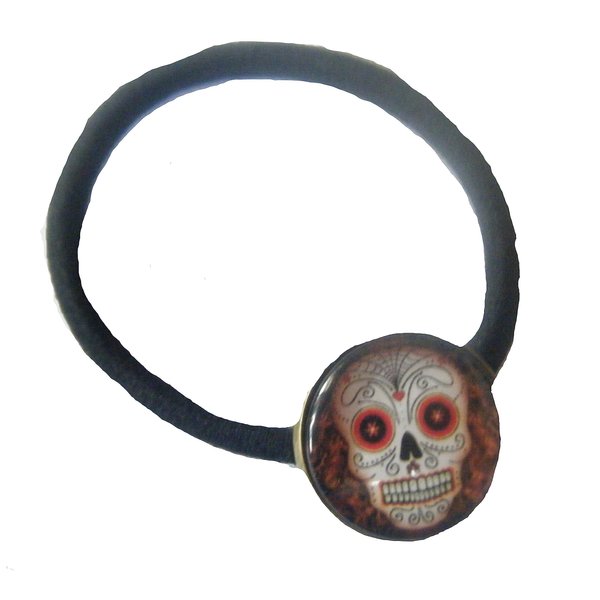 Hair Tie, PAIR Dia De Los Muertos Gothic 20mm Glass Skull Cabochon Hair Tie with Elastic +Gift Bag