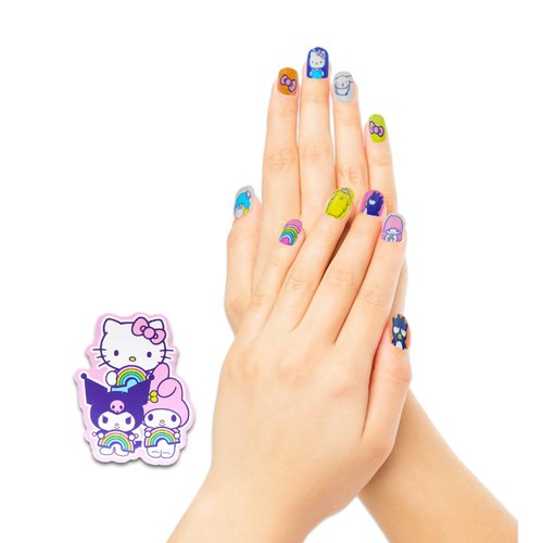 Hello Kitty and Friends Press-On Nails for Kids - Bundle with 18 Pairs of Sanrio Stick-On Nails Featuring My Melody, Kuromi, Keroppi, Plus Stickers, More | Hello Kitty Nail Kit for Girls