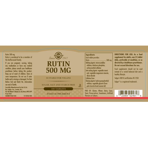 Solgar Rutin 500 mg, 100 Tablets - Antioxidant - Natural Bioflavonoid - Vegan, Gluten Free, Dairy Free, Kosher - 100 Servings