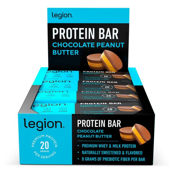 Legion Protein Bar Chocolate Peanut Butter -100% Whey Protein, Baked Bars with Prebiotic Fiber - High Protein (20g) Low Fat (12g) Low Sugar (4g), No Soy, Gluten - Natural Flavors (12 Count)