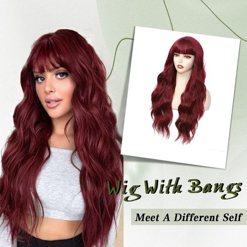 Angzon Burgundy Wig With Bangs Long Wavy Wine Red Wigs for Women 26 Inch Curly Wavy Wig With Bangs Natural Looking Synthetic Heat Resistant Fiber Wig for Daily Party Use