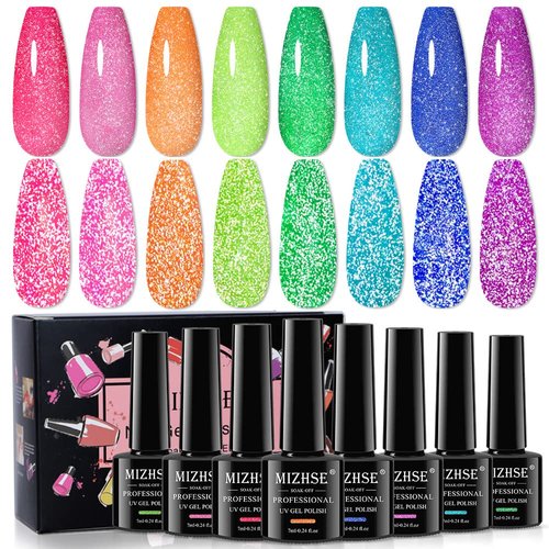 MIZHSE Neon Reflective Gel Polish Set,Sparkly Shiny Disco Shimmer Nail Polish Gel Kit Fluorescent Bright UV LED Soak Off Glitter Nail Gel Polish for DIY Nail Art Salon
